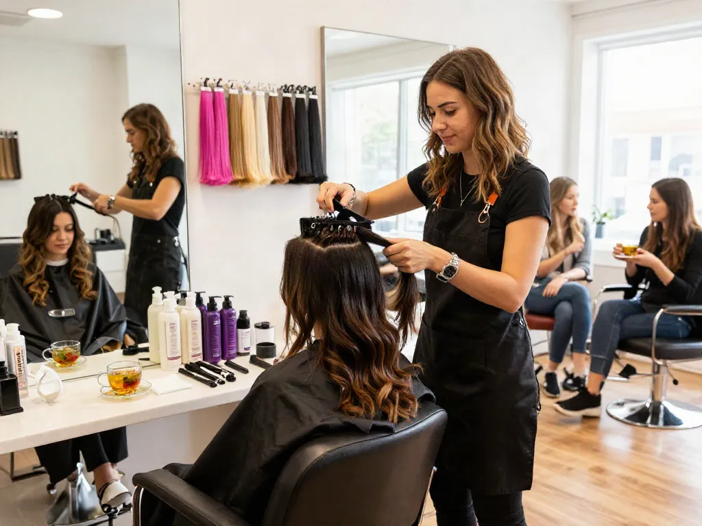 Professional hair extensions being applied in a modern salon setting, showcasing vibrant textures and colors.