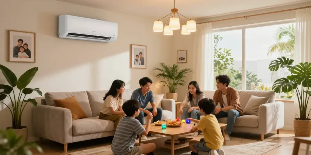 Cozy family gathering in a living room with a stylish 18000 BTU mini split air conditioner enhancing comfort.
