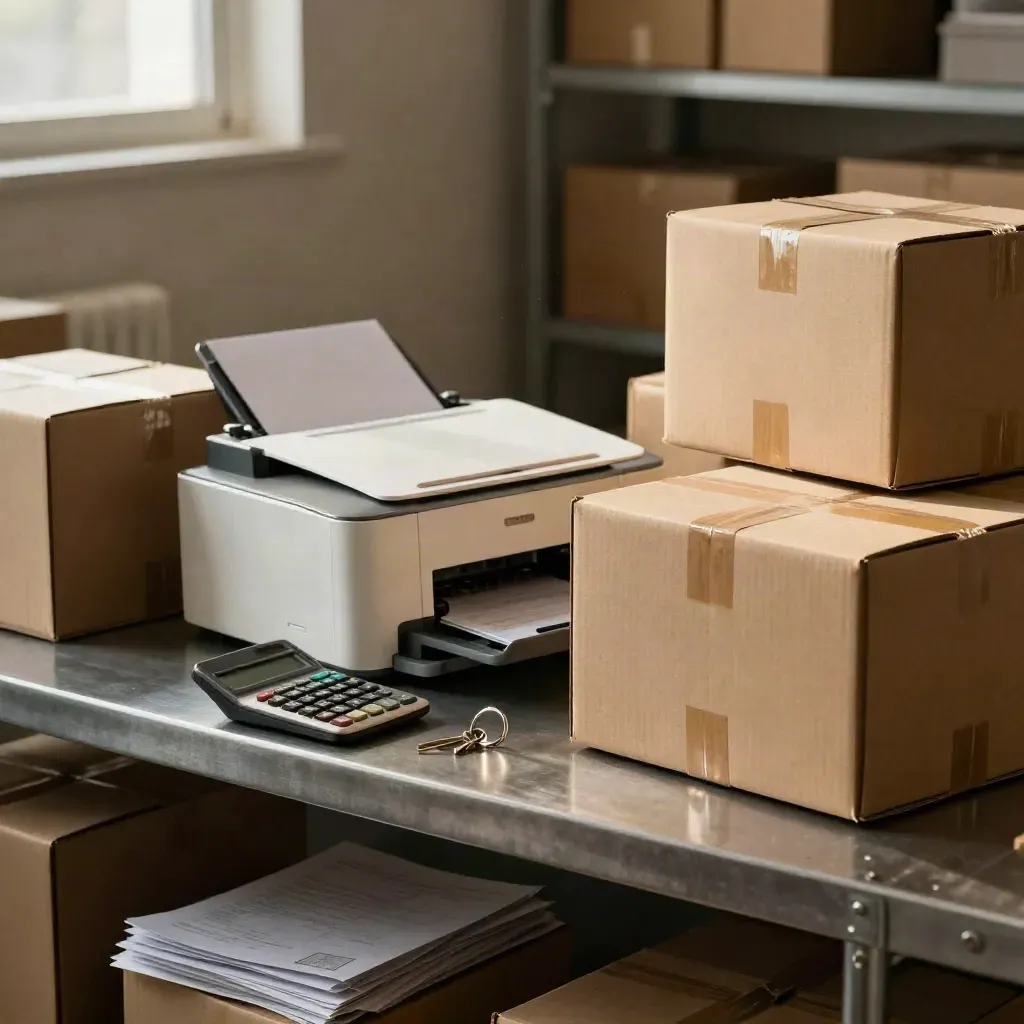 Shipping boxes, label printer, calculator, and key ring on a metal shelf in warm warehouse light.