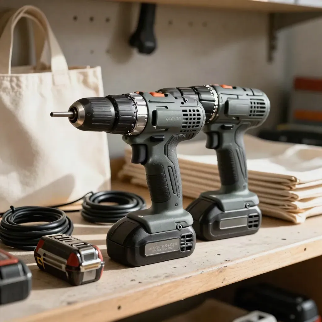 Two cordless drills with chargers and a canvas tote on a hardware-store bench in morning light.