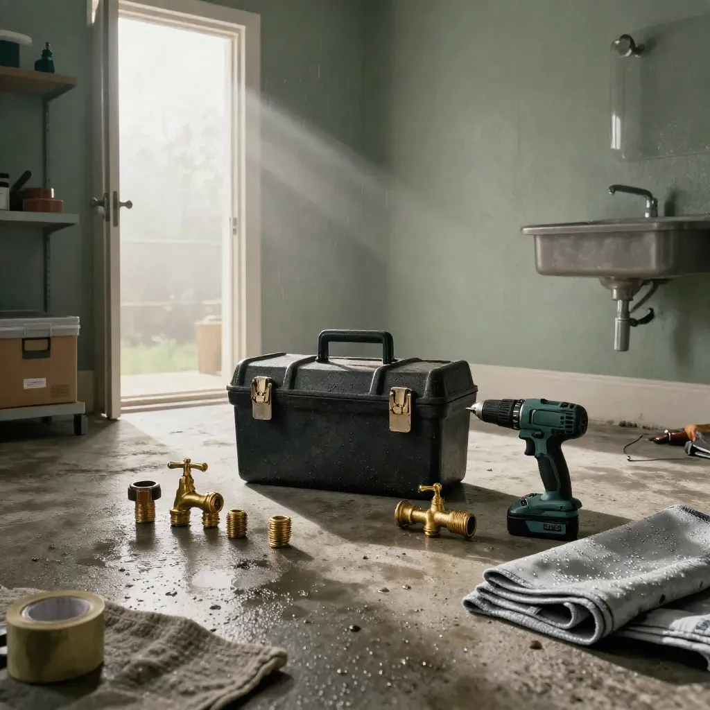 Moody utility room with toolbox, faucet parts, drill, tarp and storage box at rainy dusk.