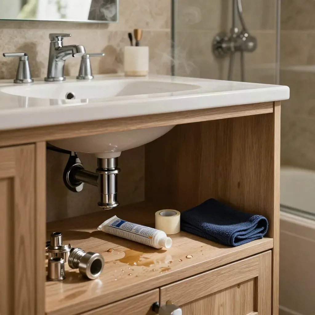 Open bathroom vanity with leak repair supplies, navy cloth, and steam in warm window light.