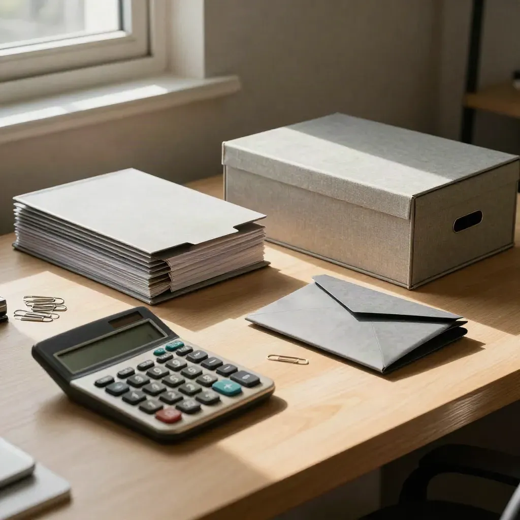 Overhead home-office flat lay with file box, accordion folder, calculator, paper clips, and tray.