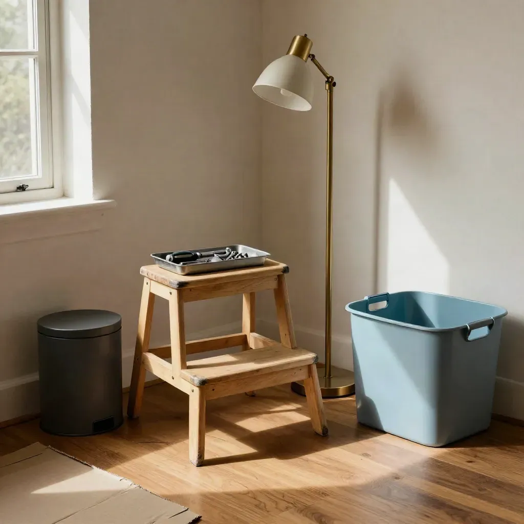 Starter apartment essentials clustered in a moody corner: stool, lamp, tools, trash can, blue bin.