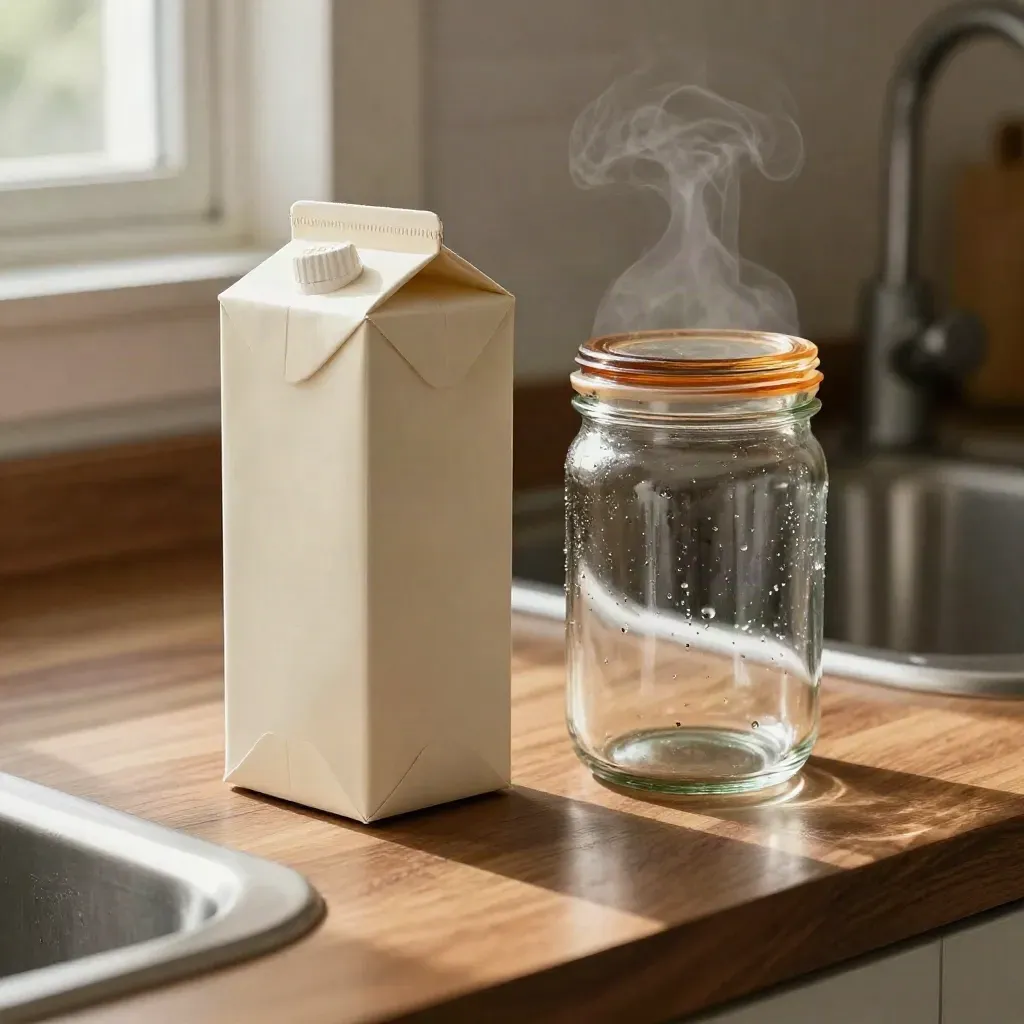 A carton and glass jar of pantry staples turning in side light on a warm walnut kitchen counter.