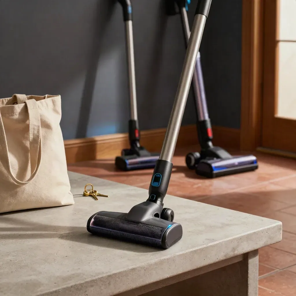 Cordless vacuum compared with two blurred alternatives beside a tote and keys in a mudroom.