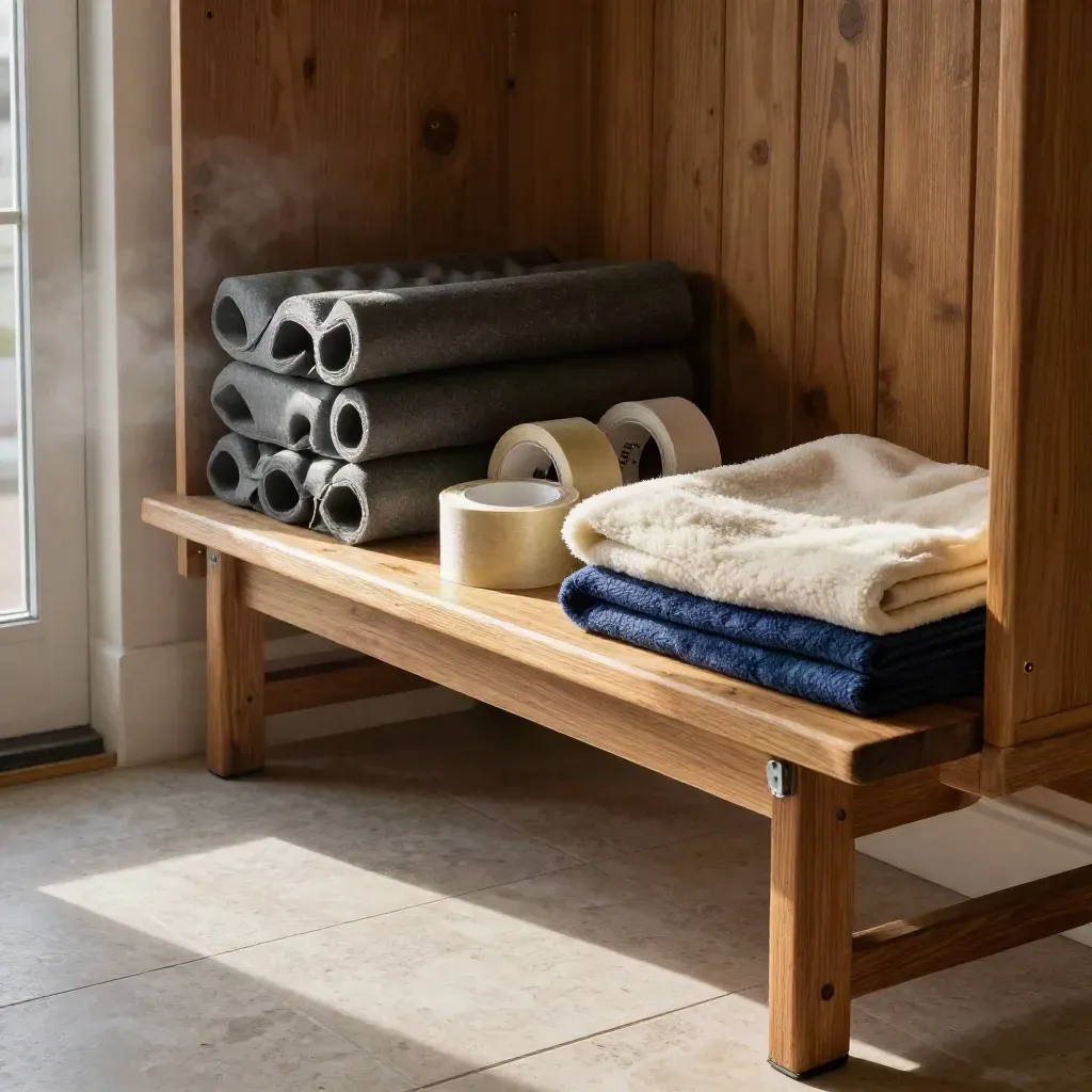 Low-angle mudroom bench with pipe insulation, weatherstripping, draft tape and a folded blanket at dawn.