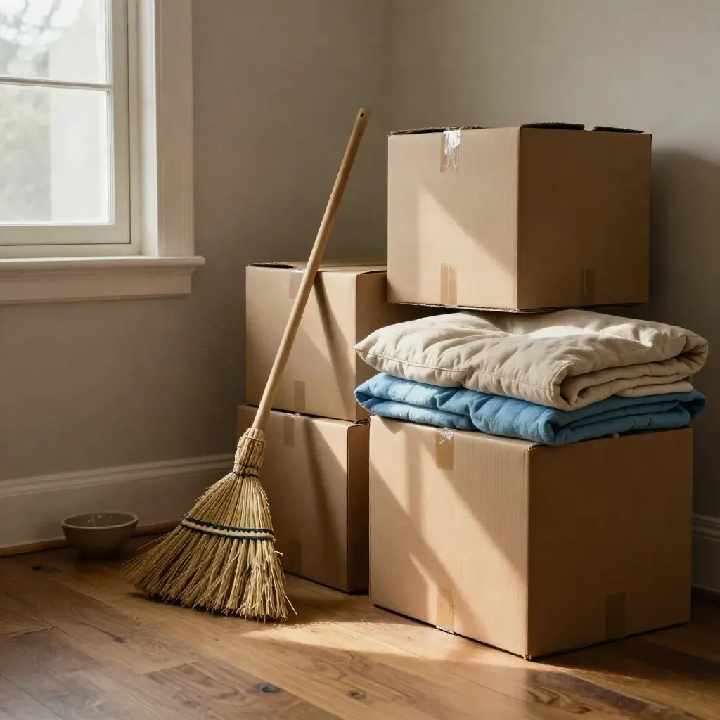Cleared apartment living room with moving boxes, broom, key bowl, and dust in late sunlight.