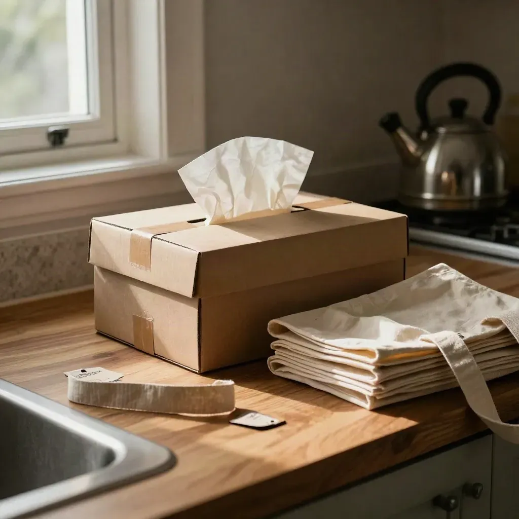Kitchen counter return-ready box, tissue, turned tags, and tote bag in soft morning light.