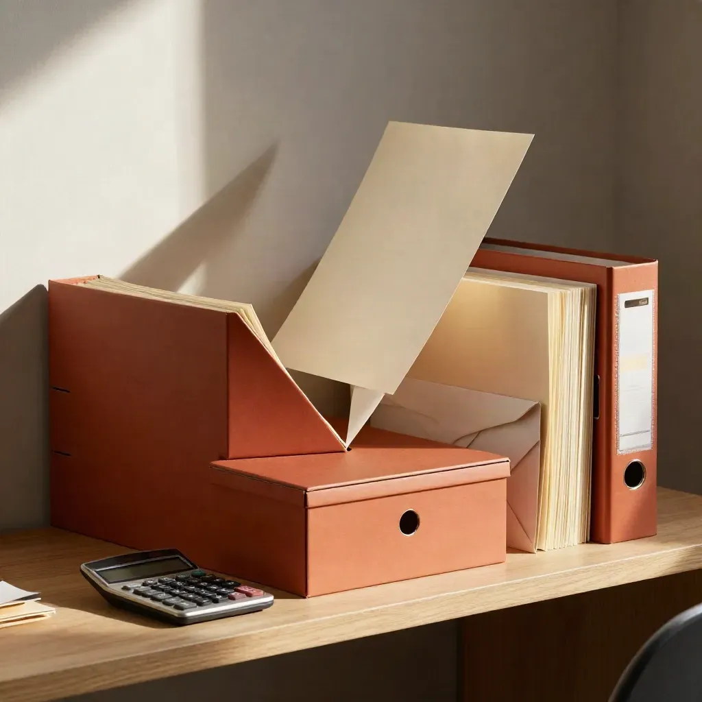 Accordion files, receipt box, envelope stack, and calculator on a compact office shelf