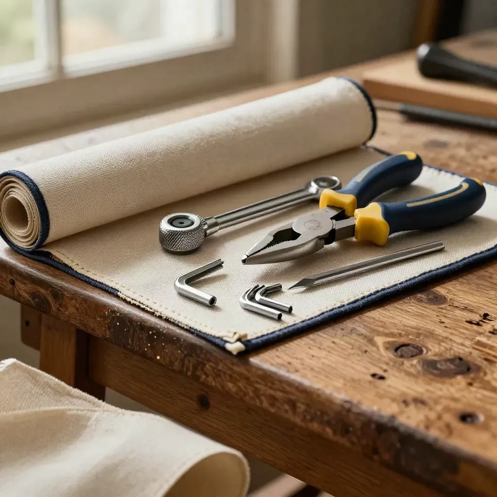 Workbench tools in a navy-edged canvas roll, lit by warm window light.
