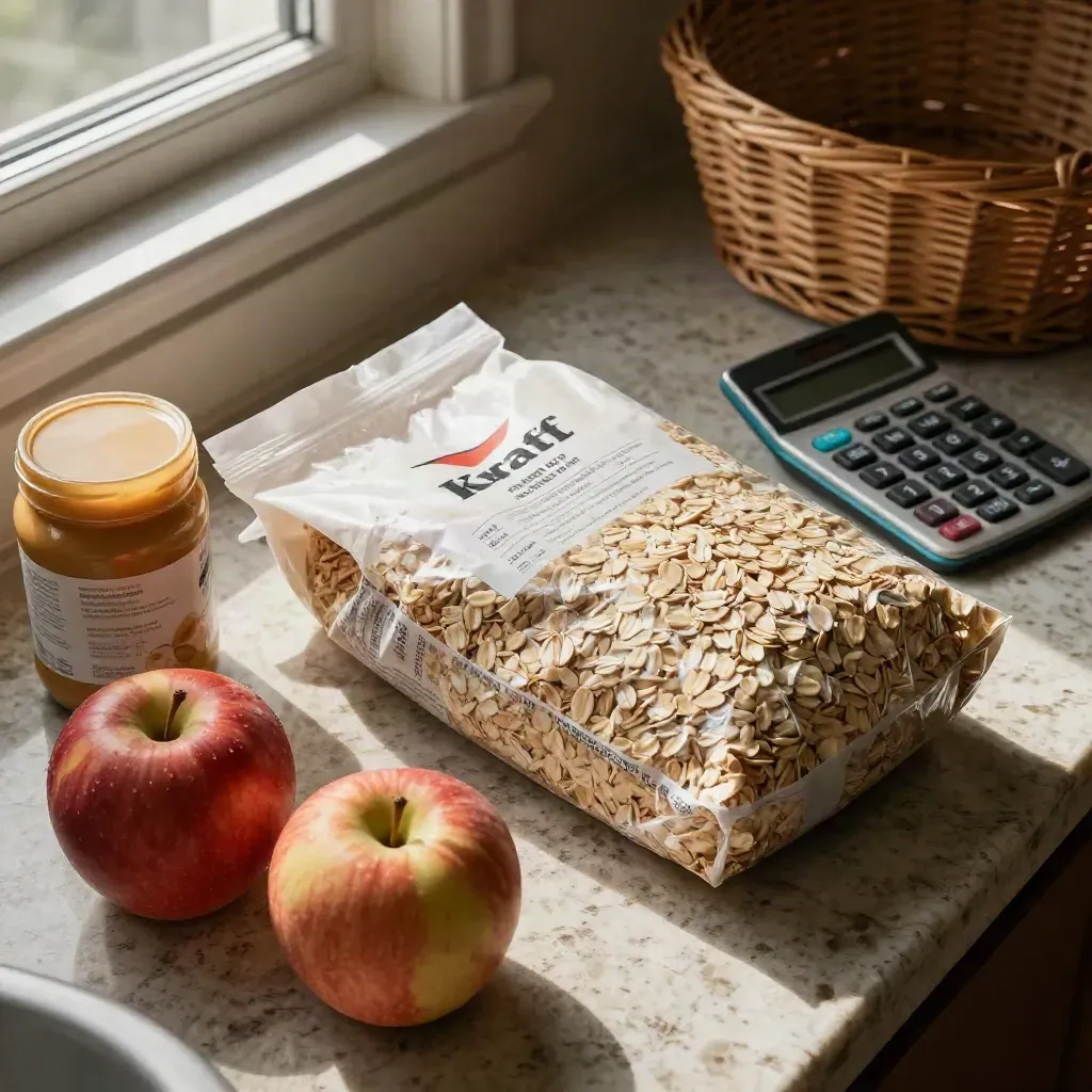 Overhead groceries, apples, pantry staples and a calculator on stone before checkout.