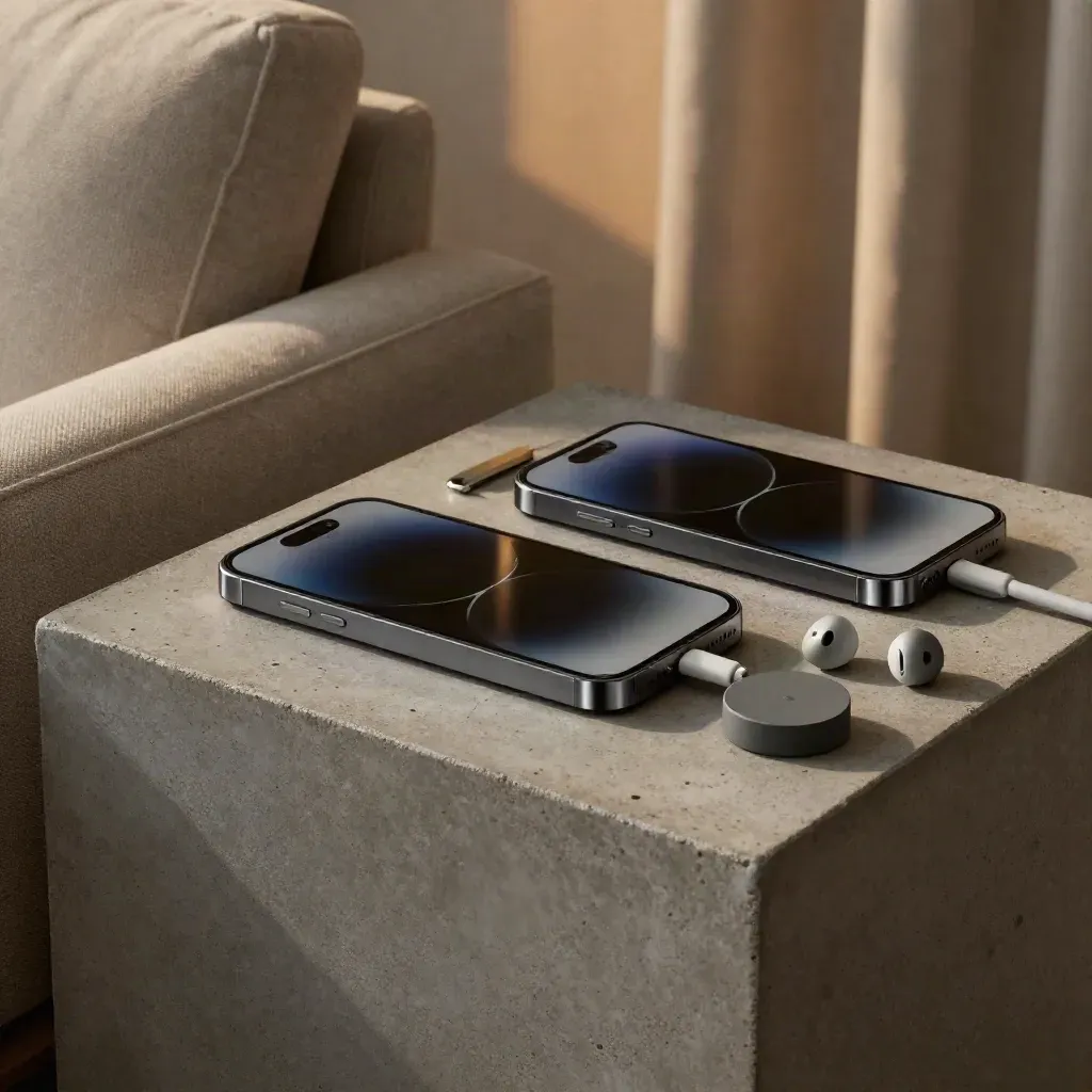 Three dark-screen phones with earbuds, SIM tool, and charging puck on a concrete side table in evening light.