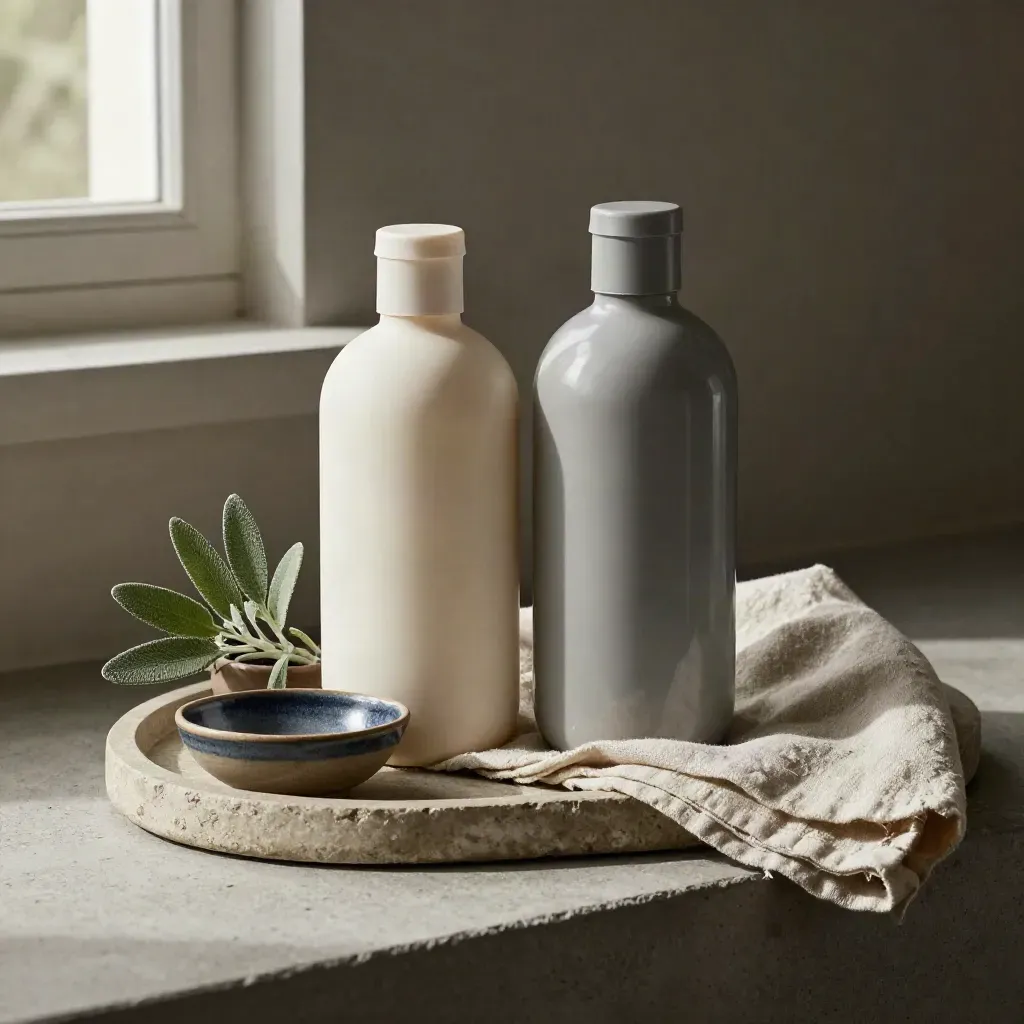Two comparison bottles on a stone tray with linen, plant, and ceramic bowl.