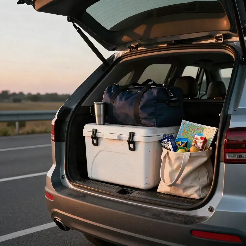 Open car trunk packed for a road trip with cooler, duffel, mug, atlas, and snacks at sunset