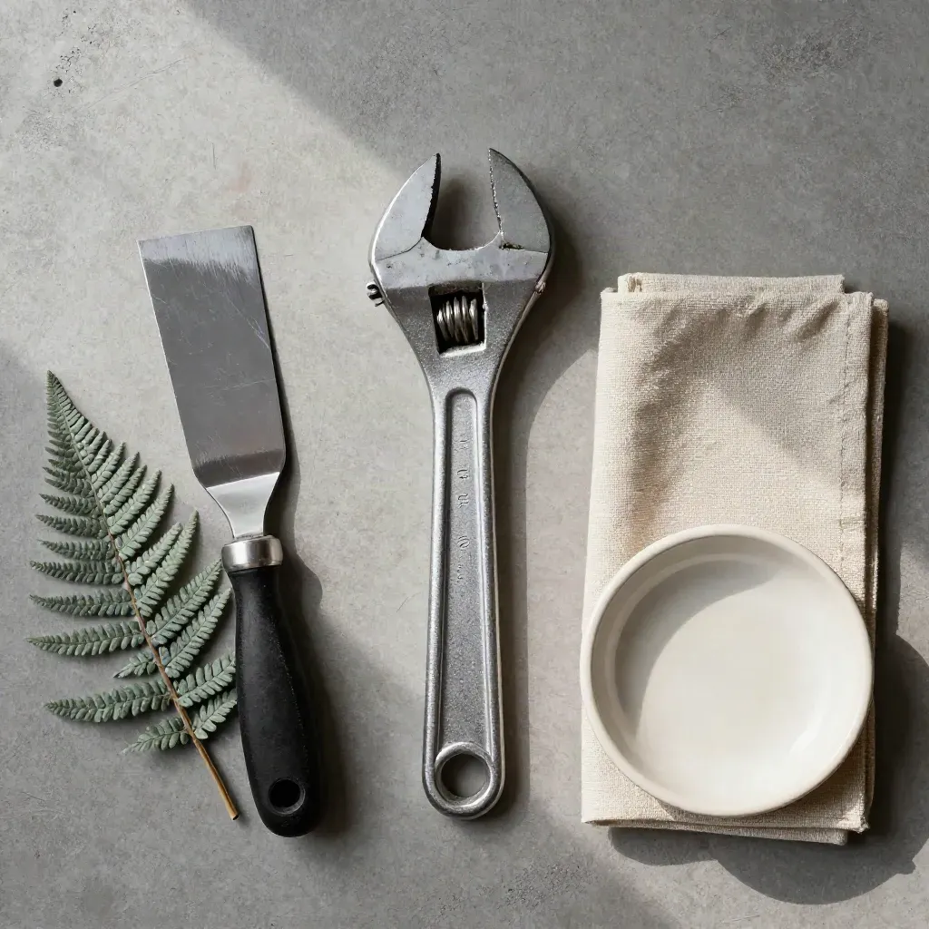 Overhead flatlay of a wrench, putty knife, cloth, fern, and dish on warm gray concrete.