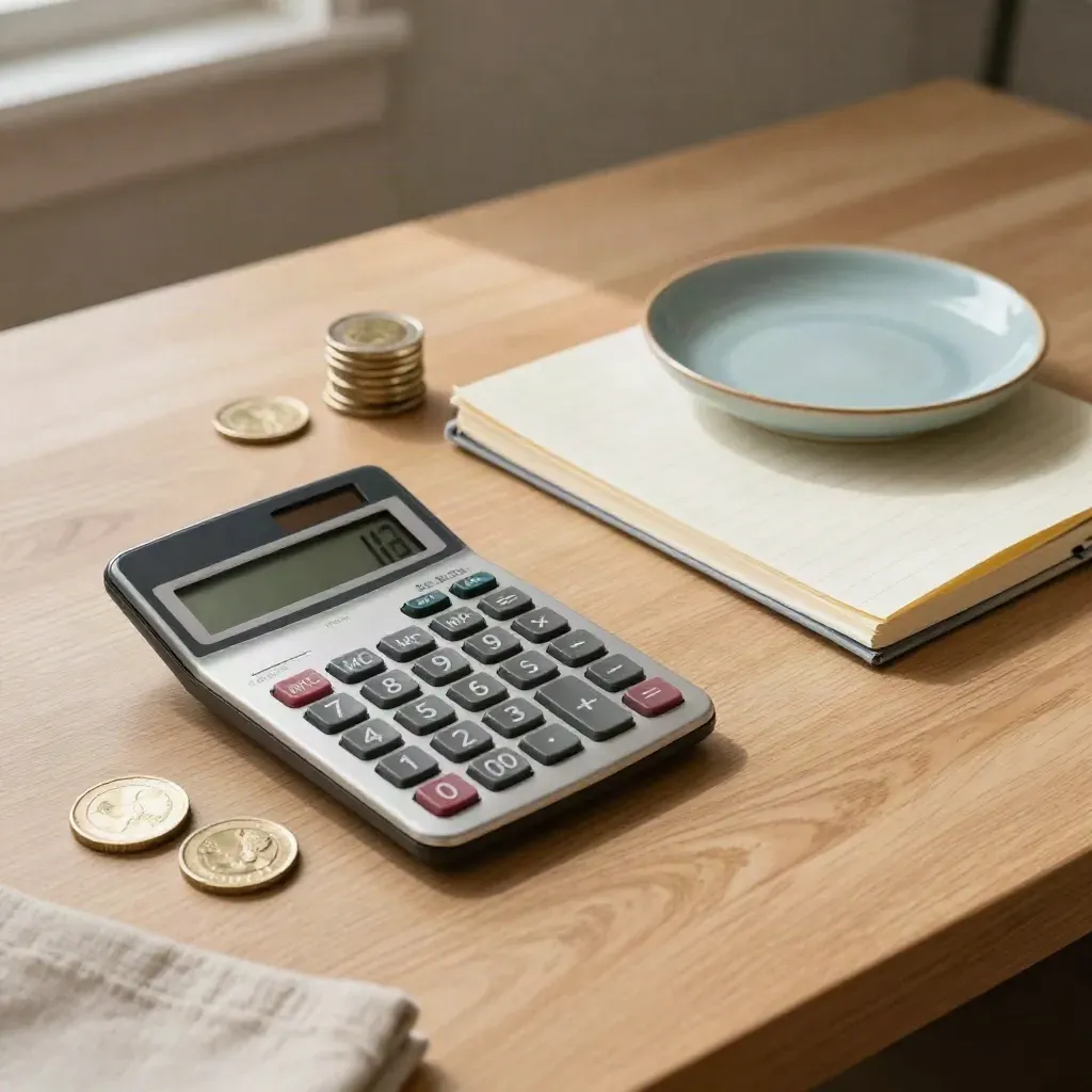 Top-down budget still life with calculator, coins, folded notebook and ceramic dish on pale oak.