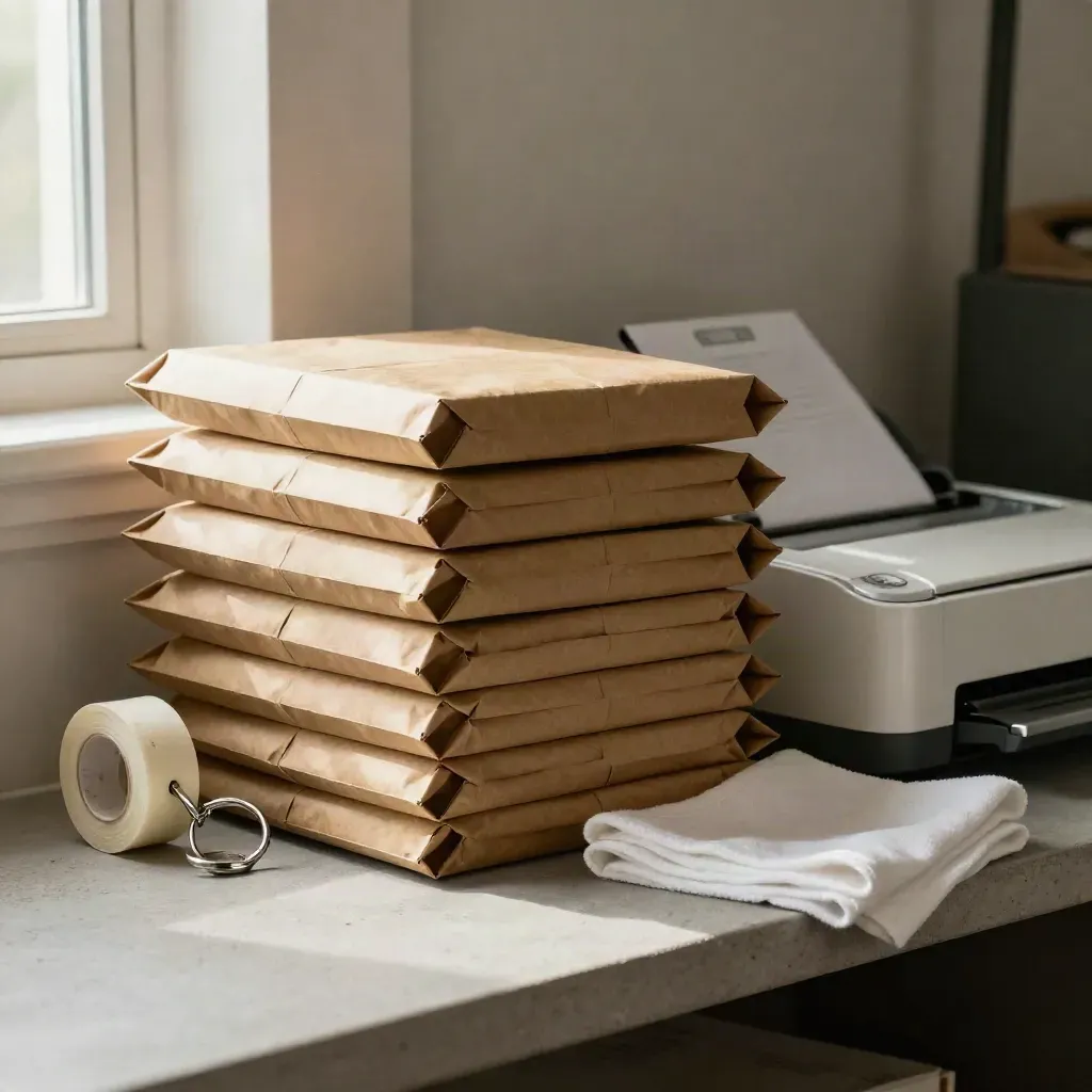 Padded mailers, closed label printer, tape roll, and key ring on a pale concrete shelf in soft daylight.