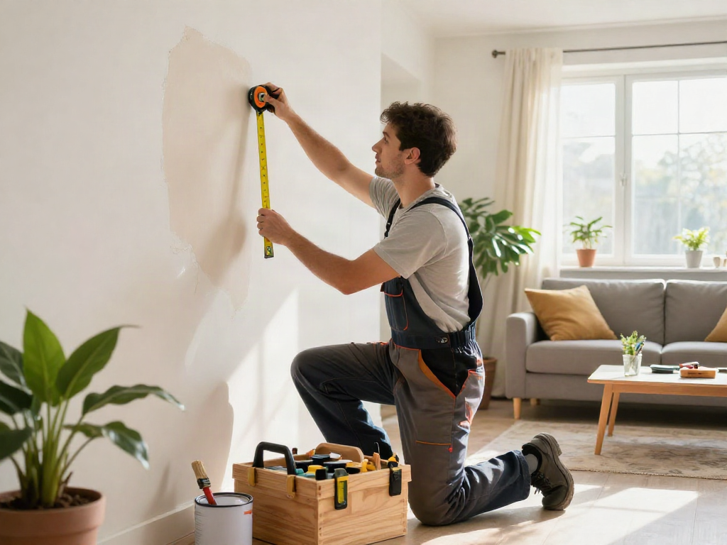 Expert home repair services Des Moines Iowa showcased in a cozy living room with a handyman inspecting walls and tools.