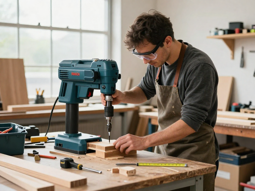 The craftsman operates the Bosch PBD 40 drill press with precision in a well-lit workshop, surrounded by tools and wooden materials.